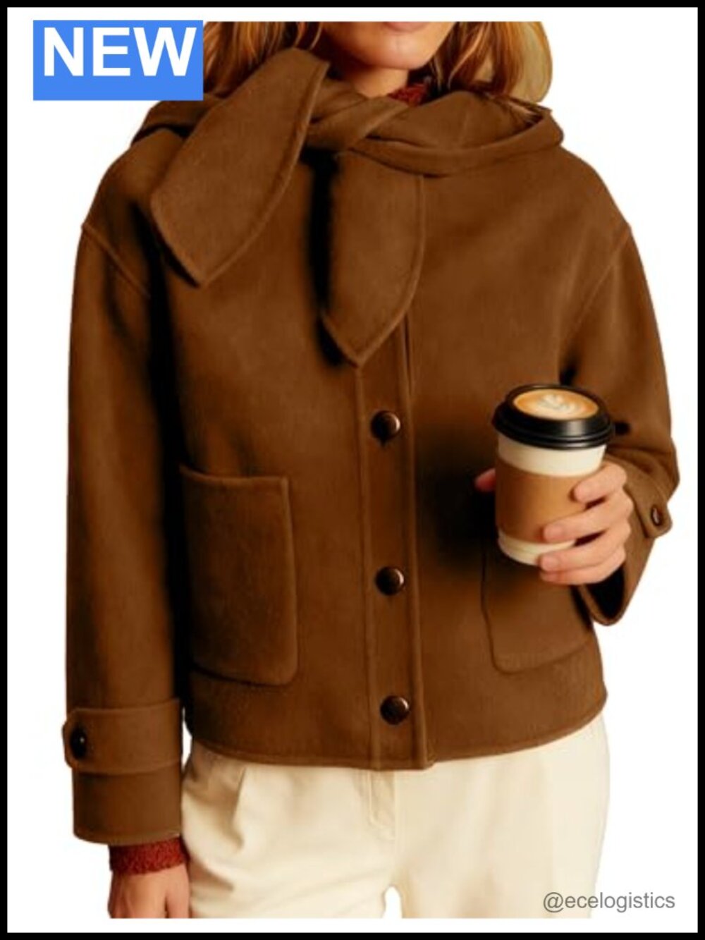 Women's Wool Blend Cropped Hooded Coat Single Breasted Bow Collar Jacket